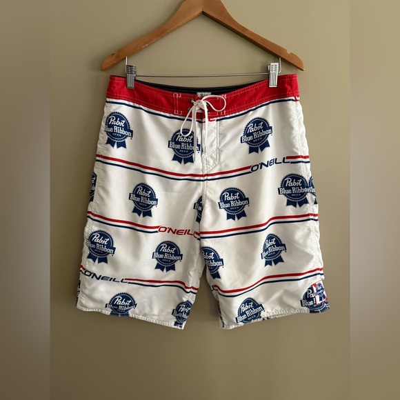 O'Neill White and Blue Pabst Blue Ribbon Logo Board Shorts - Picture 13 of 17